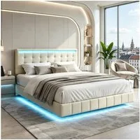 Simurq Polsterbett Schwebebett mit LED-Beleuchtung und USB, Doppelbett 140x200cm (Packung, 1-tlg., Jugendbett mit Kopfteil, Linenstoff), Schwebender visueller Effekt