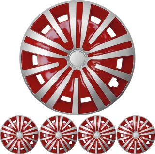 4x PREMIUM DESIGN Radkappen Radzierblenden Set Spinel 15 ZOLL in Silber / Rot