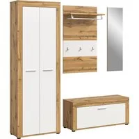 OTTO home Garderoben-Set AOSTA, Breite 184cm, 4-teilige Garderobenkombination, (Set, 4-St., bestehend aus: Garderobenschrank, Sitzbank, Garderobenpaneel & Spiegel), Flurkombination, Kombination, Garderobe, Dielen-Set, Garderobenmöbel