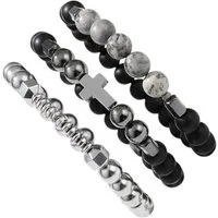 KARMA Armband Set Schwarz Silber Herren Edelstahl Lavaperlen (Perlenarmband Set, 3-tlg., Geschenk für ihn Steinarmband), dehnbar modern Armband