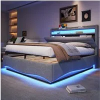 TavilaEcon Boxspringbett Polsterbett mit LED-Beleuchtung und Hydraulikmechanismus (1-St), mit USB- und Typ-C-Anschlüssen, 140×200cm, grau