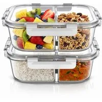 Arendo Frischhaltedose 2er Set Glas Vorratsdosen, 2 Fächer, weiß transparent, auslaufsicher, Borosilikatglas, (Set, 2-tlg., mit 2 Fächern), Mikrowellen, Ofen, Gefrier & spülmaschinengeeignet, Meal Prep, Bento