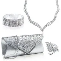 Zaewry Schmuckset 4-teiliges Damen-Schmuckset, silbernes Strass-Schmuckset, geeignet für Braut, Hochzeit, Ball und andere Anlässe