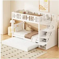 Flieks Etagenbett, Kinderbett 90x200cm mit Ausziehbett 90x190cm und Stauraumtreppe