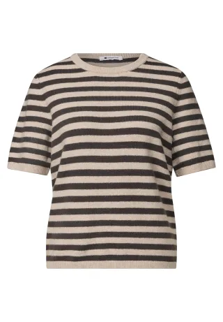 Street One - Kurzarm Pullover mit Rundhals und Streifen clay sand mel. - Gr. - 40