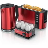 Arendo Frühstücks-Set Edelstahl Wasserkocher 1,5l, Eierkocher 6 Eier, 4-Scheiben Toaster rot (3-tlg), Langschlitz Brötchenaufsatz, Wasserkocher Temperatureinstellung