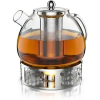 Arendo Teekanne Glas Teebereiter mit Stövchen, Sieb für losen Tee, Kräuter, Früchtetee, 1,5 l, (Set, Glaskanne, Teesieb, Rechaud), Borosilikatglas, Tischkocher, Edelstahlsieb, hitzebeständig, Geschenk