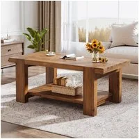 Tribesigns Couchtisch Massivholz Couchtisch 120 cm, 2-stufiger Landhaus-Rechtecktisch