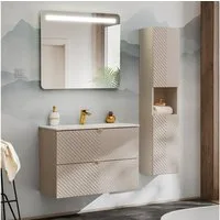 Lomadox Badmöbel-Set VERACRUZ-56, (Spar-Set, 3-St., LED-Spiegel Waschtisch Hochschrank), mit 80cm Waschbecken, kaschmir, gerillte Front