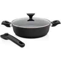 Krüger Servierpfanne Aluguss Pfanne GAMMA mit Glasdeckel, 28 cm, mit abnehmbaren Griffen, Aluminiumguss, für Induktions-Kochfelder geeignet, auch als Schmorpfanne verwendbar