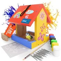 Eli Futterhaus Bausatz für Kinder zum bemalen inkl. Vorlagen - 6 Farben - Pinsel, Holzhammer - Nägel - kreative Schablone - Vogelhaus