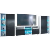 Vladon Wohnwand Davos, (Anbauwand, bestehend aus 2 Vitrinen, 1 TV-Board und LED-Beleuchtung), Weiß matt/Schwarz Hochglanz (329 x 134 x 35 cm)
