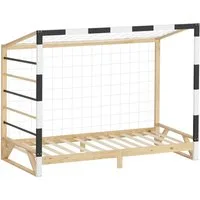 ML-DESIGN Spielbett Kinderbett Fußballtor Holzbett mit Lattenrost Kletterleiter & Netz, Handballtor Abenteuerbett 90x200cm Natur für Kinder aus Kiefernholz