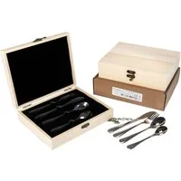 Holz Frank Kinderbesteck Kinderbesteck Set aus Edelstahl mit Bauernhof Gravuren - in Holzkiste (5-tlg), 1 Personen, Edelstahl
