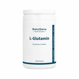 NatuGena L-Glutamin | 150 g Pulver | mit bioaktivem D-Biotin | hergestellt in Deutschland | vegan