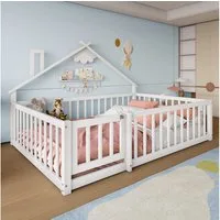 TavilaEcon Kinderbett Flachbett, Traumhaus-Design, Geländer mit Schloss, Kiefernholz, Solide Tragfähigkeit, 32cm hohe Umrandung, Ökologische Farbe,140x190cm
