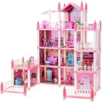 Ikonka Puppenhaus XXXL Puppenhaus Villa 10 Zimmer, Balkon, Garten und 4 Stockwerke, (Kreatives Puppenhaus mit Möbeln und viele Zimmer, Villa Puppenhaus Set mit Garten und Balkon für mehr Spielspaß), Puppenhaus Villa mit Möbeln, 10 Zimmern für kreativ