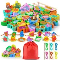 POPOLIC Lernspielzeug Montessori Motorikspielzeug für Kinder,Lernspielzeug 2 in 1 Fädelspiel (1-St., Lernspielzeug 48 STK Fädelspiel mit 6 Themen), Holzpuzzle,Kinderspielzeug Motorikspielzeug, Geschenk Mädchen Junge