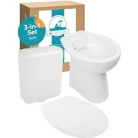 Calmwaters Tiefspül-WC Stand-WC spülrandlos mit Erhöhung, bodenstehend, Abgang Waagerecht, Set mit WC-Sitz und Spülkasten, Weiß, +7 cm erhöht, Absenkautomatik, Abnehmbar, 99000187