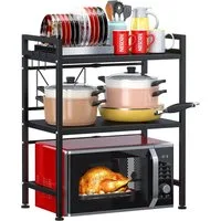 Refined Living Standregal 3-Stufiges Mikrowellenregal Ausziehbar 40-64 cm,Küchenregal, 6 Haken, Küchenregal aus Metall,Höhenverstellbares Mikrowellen Regal für Arbeitsplatte – Küchen Organizer Gewürzregal Bäckerregal Aufbewahrungsregal, Arbeitsplatte