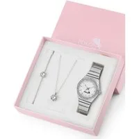 Jungengel Schmuckset Silver Blossom Damen Geschenkset Uhr Halskette Armband Schmuckbox (Set, 3-tlg., Damenarmbanduhr in Silberoptik, Halskette mit Zirkonstein-Anhänger), Luxus Damen Geschenkset mit Uhr Halskette Armband und Geschenkbox