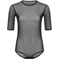 Evoni Body Eleganter Damen-Bodysuit aus Tüll mit Spitze, ellbogenlange Ärmel