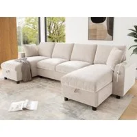 Flieks Ecksofa Couch U-Form Schlafsofa mit Ladefunktion, Schlaffunktion und Stauraum, 284×135×84 cm, Armlehne mit Staufach, USB-&Type-C-Anschluss, Bettfunktion, Bettkasten & 2 Zierkissen, Federkern, Sofa aus Chenille