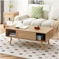 STILVORA Couchtisch Teetisch mit Schiebetüren Beine aus Massivholz Natürliche Farbe (Sofatisch mit stilvolles Rattan-Flechtdesign, mit praktischer Stauraum und Schiebetür), für Wohnzimmer, Schlafzimmer, Büros