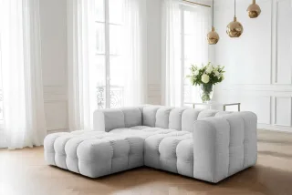 Ecksofa Designersofa SOLVIE XS in Stoff Moly Hellgrau Ottomane Links