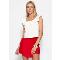 SASSYCLASSY T-Shirt Musselin Trägertop mit Volants für Damen Luftiges Baumwolltop mit elastischer Ausschnittpartie Weiß
