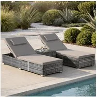 tectake Gartenliege Rattan-Doppelliege mit Tisch, mit abnehmbaren Kopfpolstern, Sonnenliege Carbonera, 1 St., in grau, wetterfest und UV-beständig, Belastbarkeit je 200 kg, verstellbar