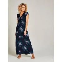 Apricot Maxikleid Hibiscus Spray Smock V-neck Maxi mit Smokband