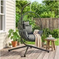 Outsunny Hängesessel Hängeschaukel mit Kissen, Hängestuhl mit Klappbarem (Sitzkorb, 1-St., Becherhalter), Rattanoptik für Indoor, Outdoor, bis 120 kg Belastbar, Stahl, Grau