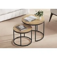 Home Collective Couchtisch 2er Set Beistelltisch Loft Design 2in1 Verschachtelung Wohnzimmer, kratzfeste Oberfläche 53cm und 43cm Eiche mit schwarzen Beinen, rund