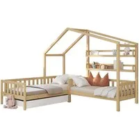Flieks Kinderbett (1-tlg), Massivholz L-Struktur Hausbett 90x200cm+70x140cm