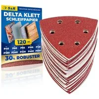 S&R Schleifdreieck Schleifpapier Profi Set 93 mm x 93 mm für professionellen Einsatz, (Set, 60 St., Je 10x P40, P60, P80, P120, P180 und P240), für Metalle, NE-Metalle, Stahl und Legierungen, Holz, Kunststoffe