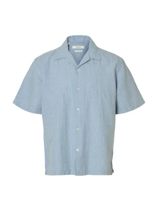 SELECTED MEN - SLHREGCLAY LINEN BLEND SS SHIRT RESORT Dusty Blue - Gr. - XL
