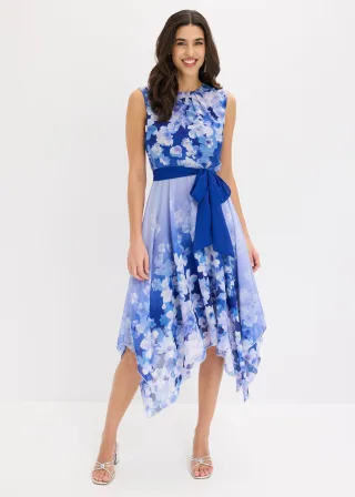 bonprix Chiffonkleid mit Zipfelsaum und Bindeband, blau, Gr.46, Elegantes Kleid mit Blüten-Druck mit Gürtel