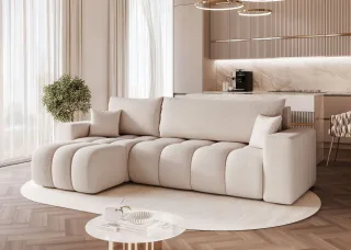 Ecksofa Schlafsofa Sofa ANABEL in Stoff Centaur Creme Ottomane Links
