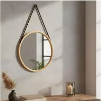Levandeo® Wandspiegel, Wandspiegel 38cm Rund Bambus Holz Kunstleder Flurspiegel Wanddeko