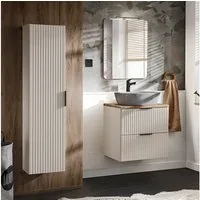 Lomadox Badmöbel-Set ADELAIDE-56-CASHMERE, (Spar-Set, 3-St., Hochschrank Doppelwaschtisch LED-Spiegel Keramikwaschbecken), 60cm Waschtisch mit Aufsatzwaschbecken, kaschmir und Eiche