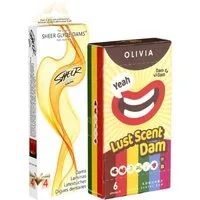 Kondomotheke Kondome Dams-Doppel (Lecktücher) 2 Packungen Latextücher, insgesamt, 10 St., Dams Probierset, bunte Lecktücher mit Geschmack, Sheer Glyde & Olivia Mix