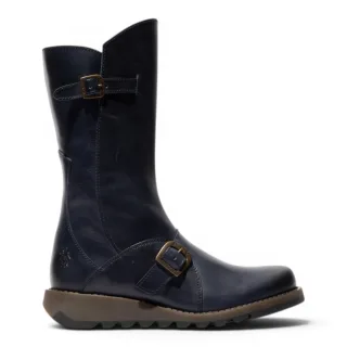 Fly London Womens Wine MES 2 Keil-Fersen-Schnalle mit Leder-Reißverschluss-Plattformstiefeln bis zur Mitte der Wade