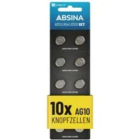 ABSINA AG10 LR1130 Knopfzelle 10er Pack - 1,5V Alkaline Knopfzellen Knopfzelle, AG10 (1,5 V, 1 St), Temperaturfest von -10°C bis +50°C, langlebig, auslaufsicher