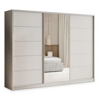 Masseno Schwebetürenschrank, Kaschmir, Silber, Holzwerkstoff, 9 Fächer, 4 Schubladen, Rechteckig, 250x205x58 cm, Schlafzimmer, Kleiderschränke, Schwebetürenschränke