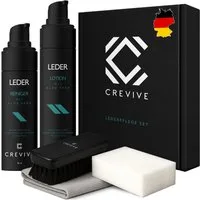 CREVIVE Auto Lederpflegeset (SPARSET, 1x Lederreiniger + 1x Lederpflege + 1x Bürste + 1x Schwamm + 1x Tuch), mit Aloe Vera, Lederpflege Auto, Lederreiniger Auto