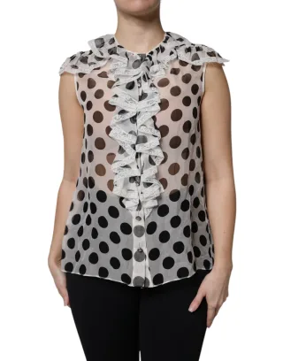 Punkte-Seidenbluse mit Rüschenkragen
