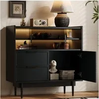 Flieks Sideboard mit 2 Schubladen und 2 Glasschiebetüren (1 St., B80/T35/H80 cm), Kommode mit LED-Beleuchtung Wohnzimmerschrank Schwarz, Metallbeine
