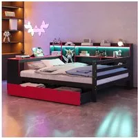 Flieks Daybett, Holzbett 140x200cm mit Schreibtisch Staufach Schubladen LED & Aufladen