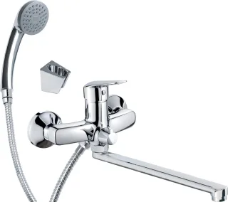 Neuesbad Serie 270 Wand-Waschtischarmatur mit langem Auslauf, Schlauchanschluss und Brauseset, Chrom NB1DEBMO057M1